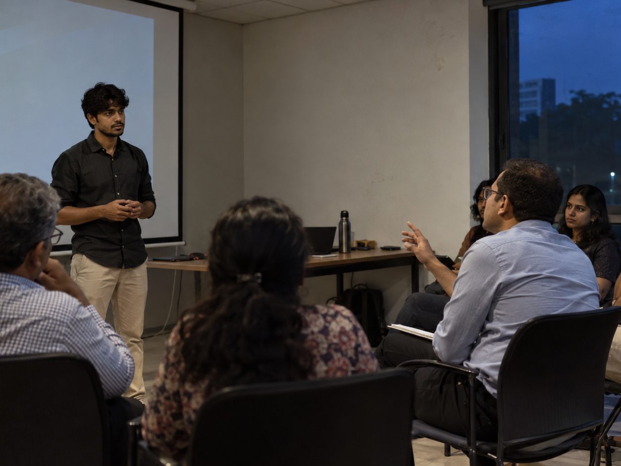 Representative image: a founder takes a question from mentors and investors in a small room